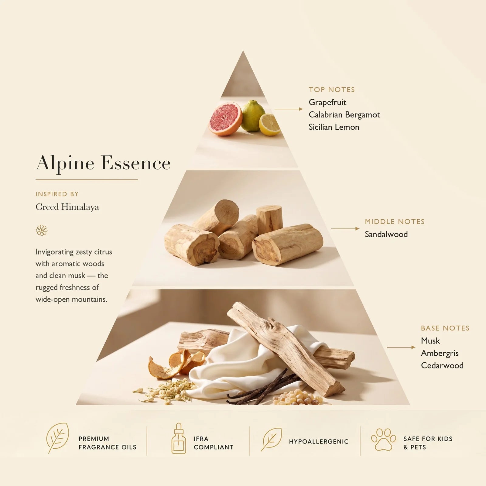 A glass bottle labeled Alpine Essence: Based on Creed Himalaya from ASCENT COLLECTION sits on a wooden table. The cozy room, adorned with cushions, a book, and a window revealing green mountains, is enriched by the fresh fragrance reminiscent of Creed Himalaya.